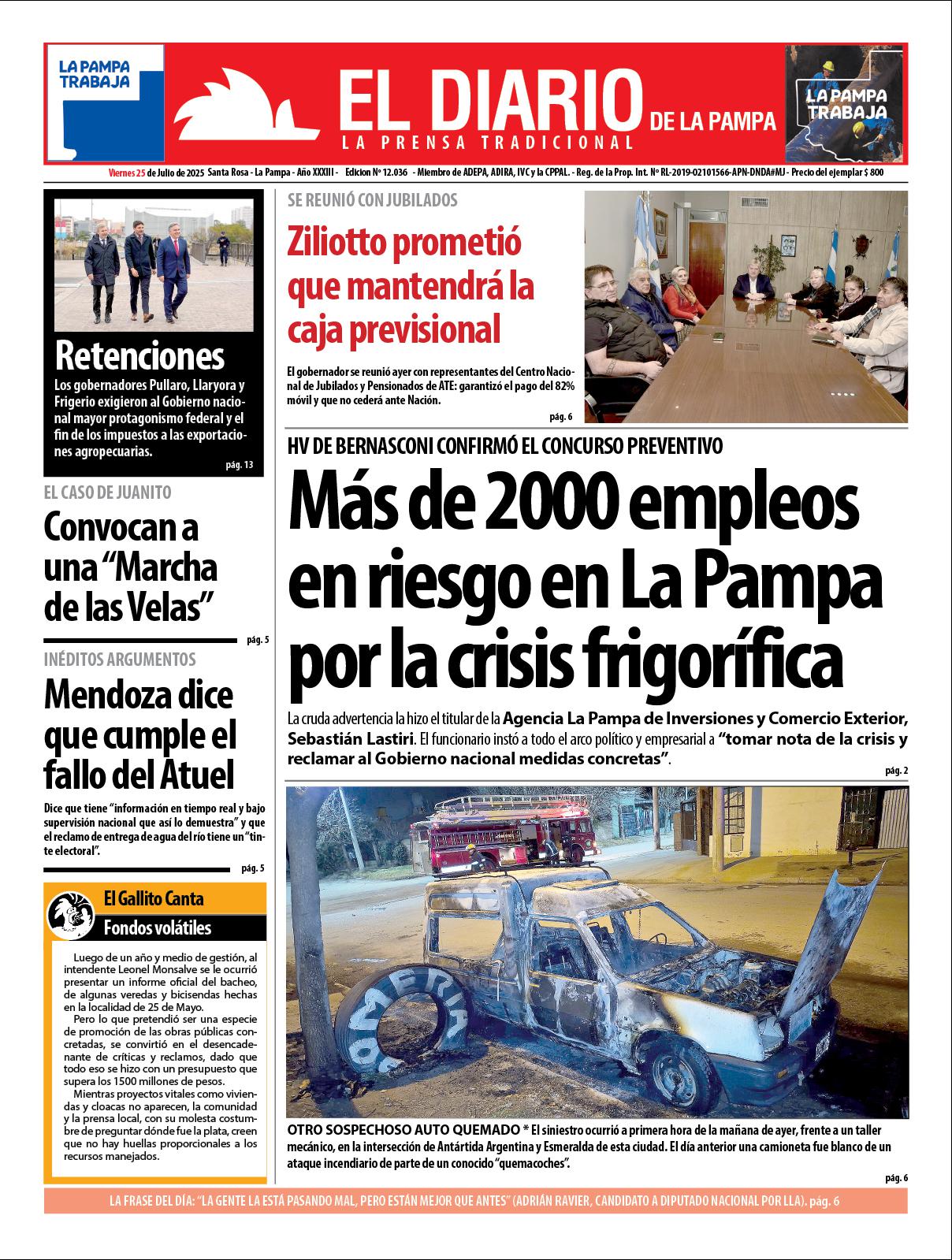 Tapa de El Diario en papel  viernes 25 de julio de 2025